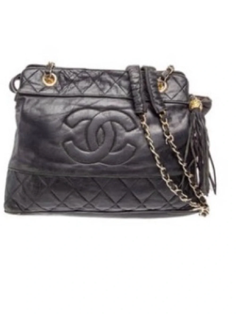 Vintage Authentic CHANEL Black Quilted Lambskin Shoulder Bag with Tassel